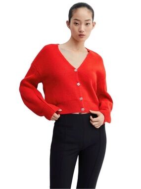 MNG Mango Red V-Neck Cropped Cardigan with Jewel Buttons Small
